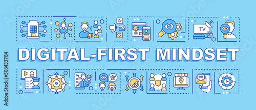Digital first mindset word concepts blue banner. Electronic commerce. Infographics with icons on color background. Isolated typography. Vector illustration with text. Arial-Black font used