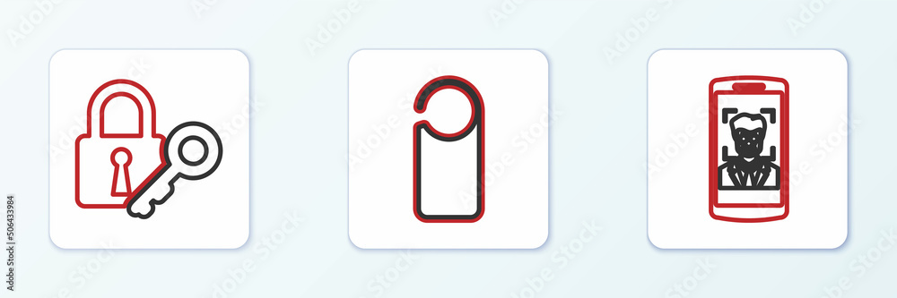 Set line Mobile and face recognition, Lock key and Please do not disturb icon. Vector Set line Mobile and face recognition, Lock key and Please do not disturb icon. Vector