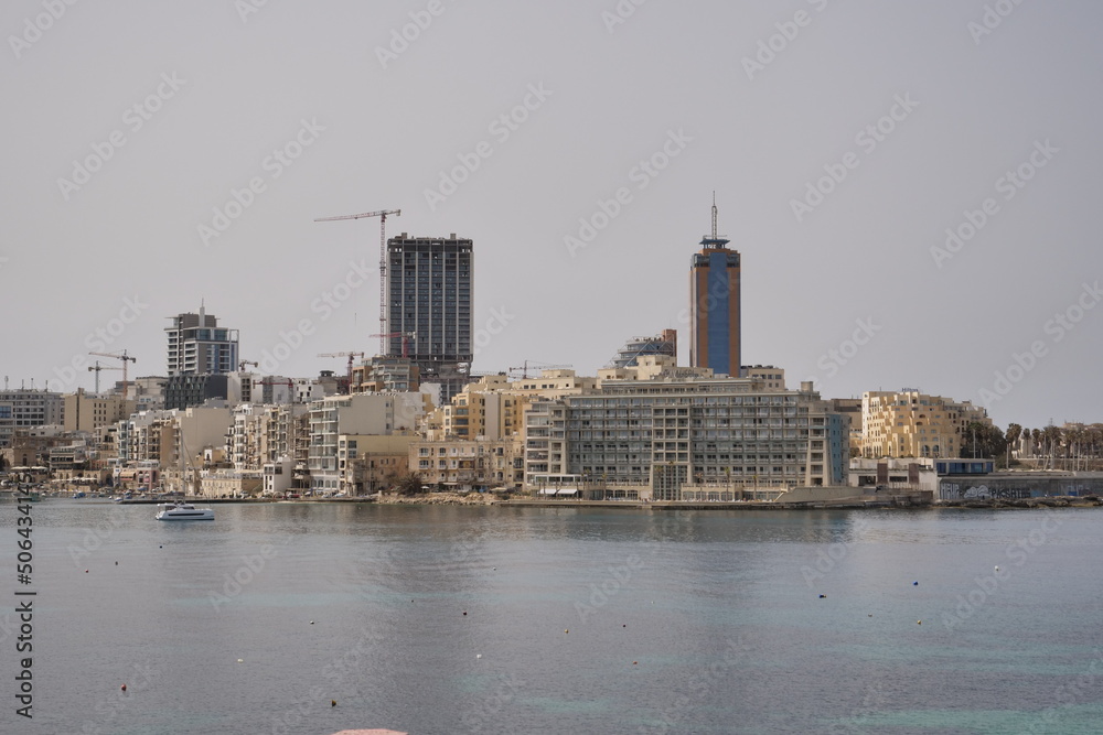 Skyline and urban cityscape of St Julians in Malta on a sunny day