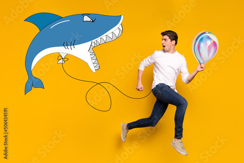 Creative cartoon sketch of huge shark fly air chase frightened man with air balloon isolated yellow color background photo