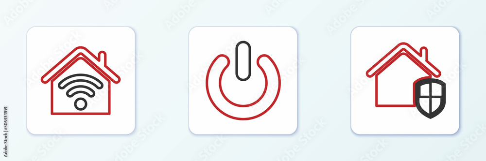 Set line House under protection, Smart home with wi-fi and Power button icon. Vector Set line House under protection, Smart home with wi-fi and Power button icon. Vector