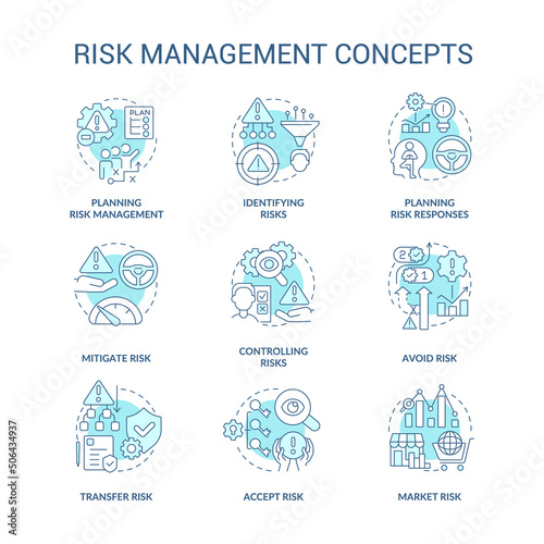 Risk management turquoise concept icons set. Identifying and mitigating risks idea thin line color illustrations. Isolated symbols. Editable stroke. Roboto-Medium, Myriad Pro-Bold fonts used