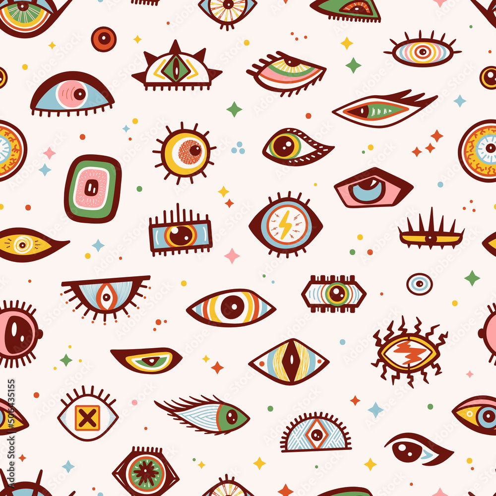 Fototapeta premium Seamless Pattern with Various Strange Evil and Funny, Comic and Bizarre Eyes. Abstract Doodle Eye Different Shapes in Trendy Psychedelic Weird Cartoon Style. Colorful Background Vector illustration.