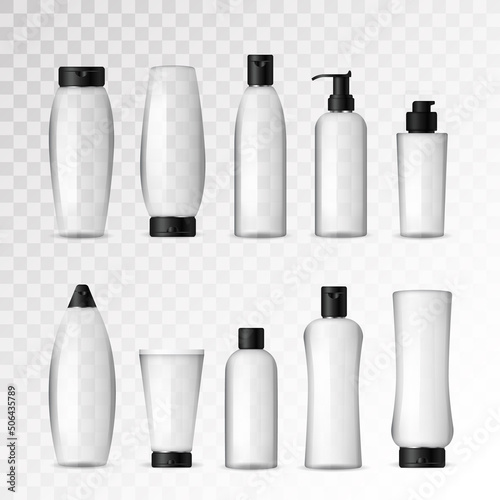 Realistic cosmetic transparent bottles with black caps on white background. Cosmetic cream containers and tubes for cream, lotion, shampoo, gel, balsam, conditioner, spray. 3d Vector Illustration