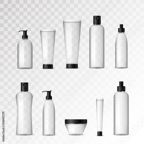 Realistic cosmetic transparent bottles with black caps on white background. Cosmetic cream containers and tubes for cream, lotion, shampoo, gel, balsam, conditioner, spray. 3d Vector Illustration