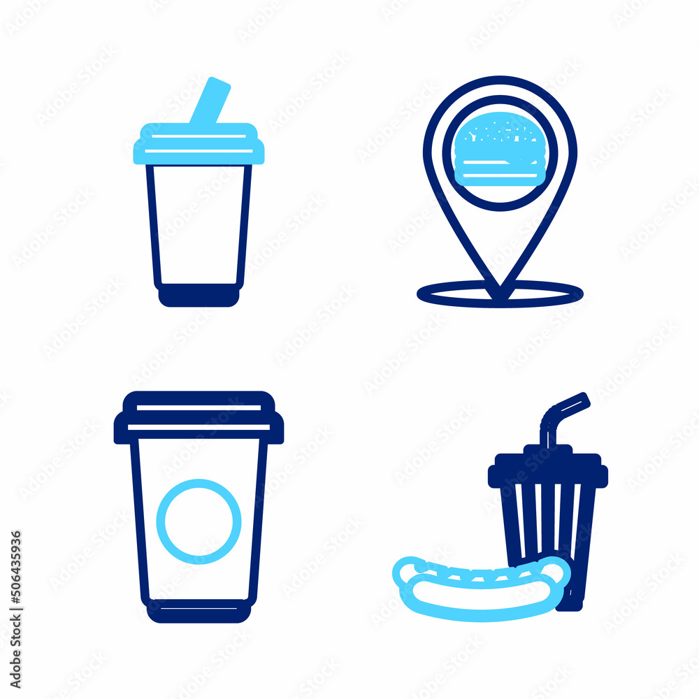 Set line Soda and hotdog, Coffee cup, Location with burger and Glass water icon. Vector Set line Soda and hotdog, Coffee cup, Location with burger and Glass water icon. Vector
