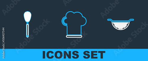 Set line Kitchen colander, whisk and Chef hat icon. Vector