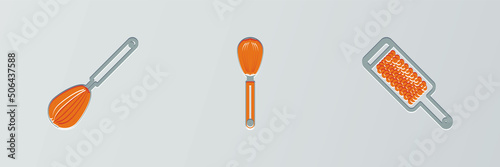 Set line Grater, Kitchen whisk and icon. Vector