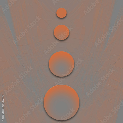 Four orange and grey circles float on a corresponding patterned background.