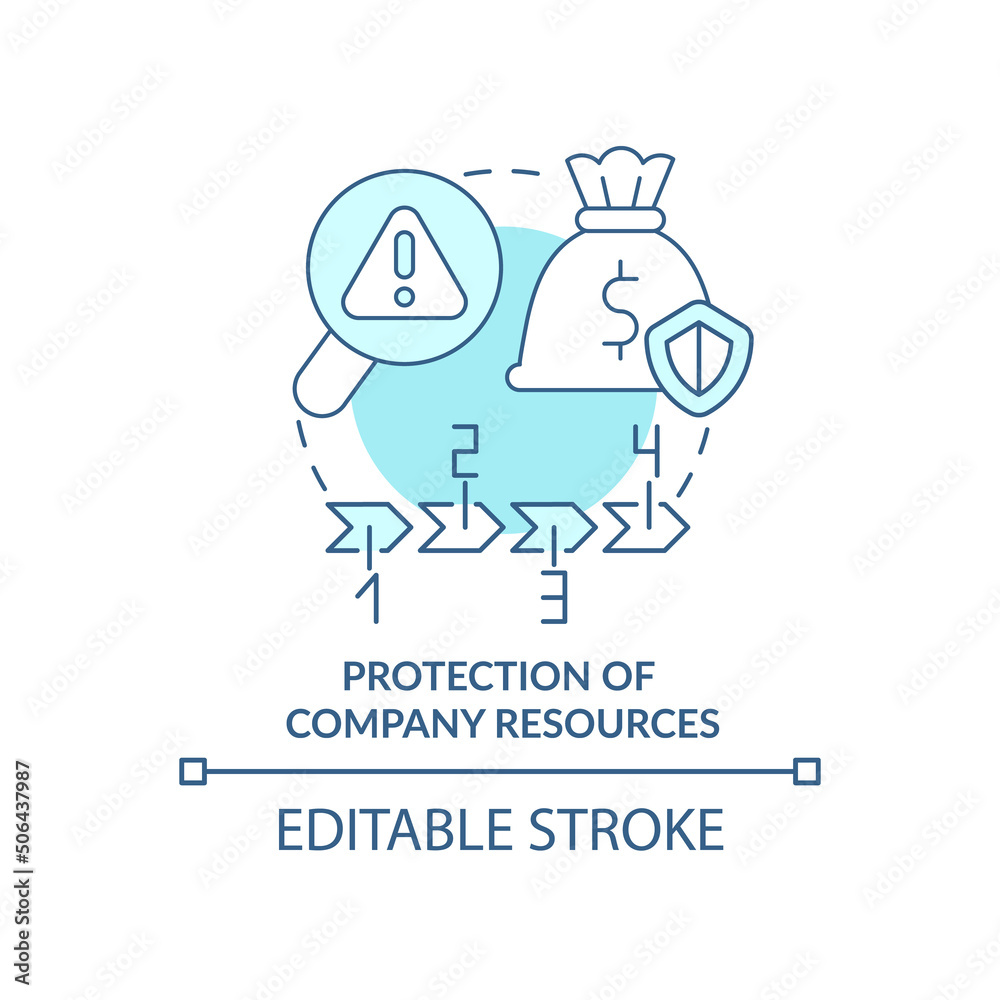 Company resources protection turquoise concept icon. Risk management benefit abstract idea thin line illustration. Isolated outline drawing. Editable stroke. Arial, Myriad Pro-Bold fonts used