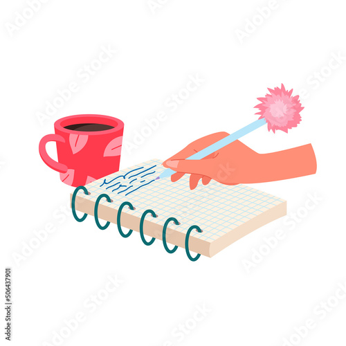 Girls hand holding pen with fluffy ball to write notes in notebook vector illustration. Cartoon woman writing on paper page of notepad near coffee mug isolated on white. Diary, letter concept