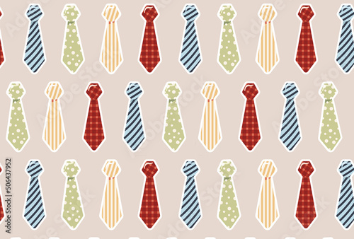 Men's seamless pattern with men's accessories, different ties, neckties. Men's day, father's day, greeting vector illustration with stickers. Pattern for wrapping paper, clothes, cards, designs. 