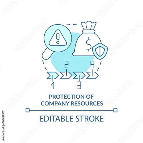 Company resources protection turquoise concept icon. Risk management benefit abstract idea thin line illustration. Isolated outline drawing. Editable stroke. Arial, Myriad Pro-Bold fonts used