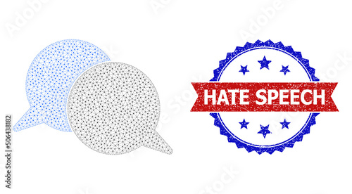 Mesh talking messages model icon, and bicolor unclean Hate Speech stamp. Mesh carcass image designed with talking messages icon.
