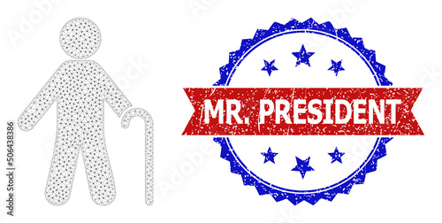 Net old man wireframe illustration, and bicolor scratched Mr. President seal. Polygonal wireframe image based on old man icon. Vector imprint with Mr.