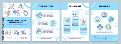 Operational risk management levels blue brochure template. Leaflet design with linear icons. 4 vector layouts for presentation, annual reports. Arial-Black, Myriad Pro-Regular fonts used