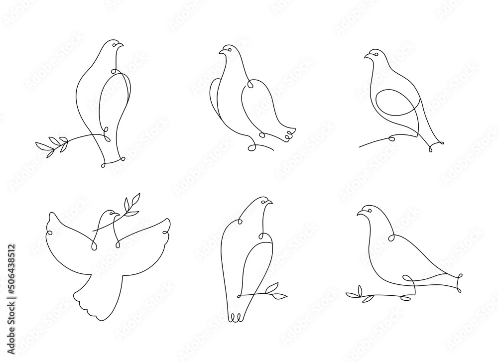 Set of line art doves, decorative pigeon. Minimalistic birds, twig with leaves