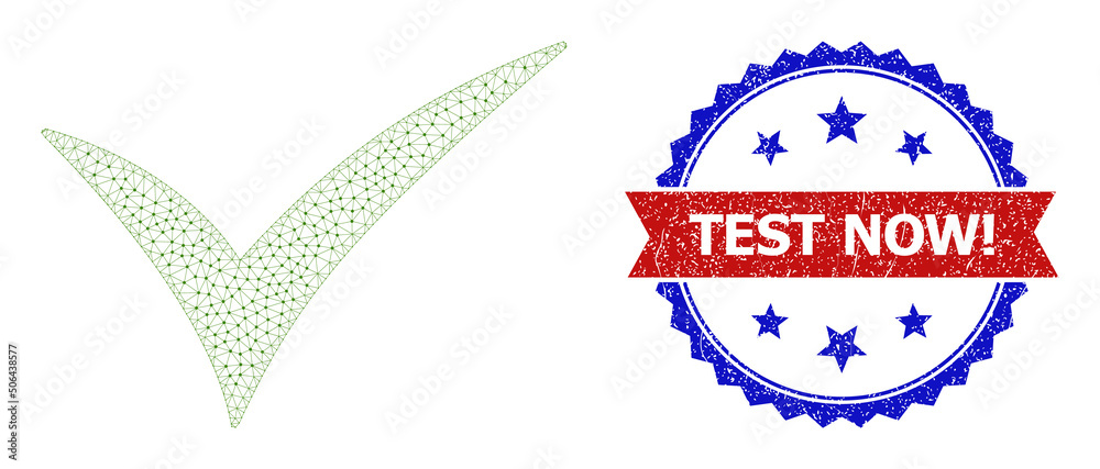 Mesh valid model illustration, and bicolor grunge Test Now! seal stamp. Polygonal carcass illustration created from valid icon. Vector seal with Test Now! tag inside red ribbon and blue rosette, Mesh valid model illustration, and bicolor grunge Test Now! seal stamp. Polygonal carcass illustration created from valid icon. Vector seal with Test Now! tag inside red ribbon and blue rosette,