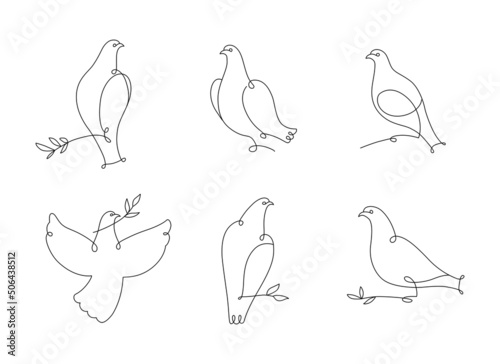 Set of line art doves  decorative pigeon. Minimalistic birds  twig with leaves