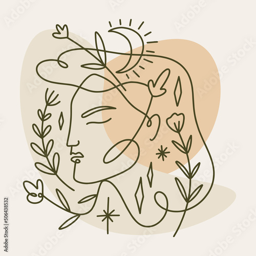One line drawing girl linear logo or icon art boho sacred magic woman mystical symbol flat holistic healing meditation reiki new age esoteric concept modern abstract silhouette
