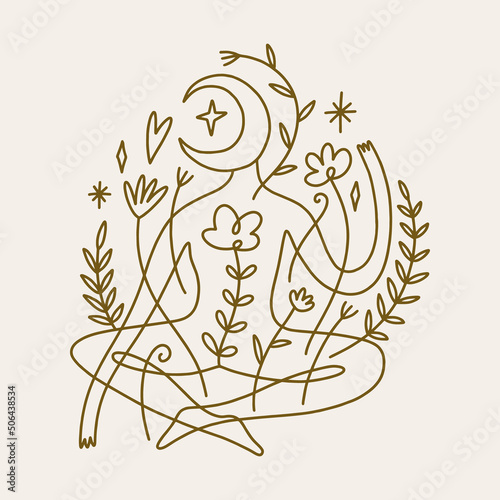 One line drawing girl linear logo or icon art boho sacred magic woman mystical symbol flat holistic healing meditation reiki new age esoteric concept modern abstract silhouette
