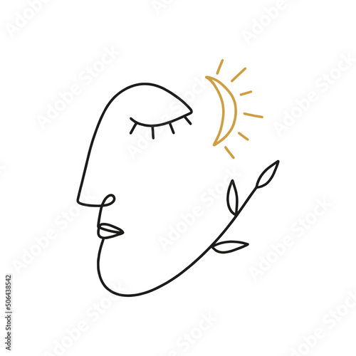 One line drawing girl linear logo or icon art boho sacred magic woman mystical symbol flat holistic healing meditation reiki new age esoteric concept modern abstract silhouette
