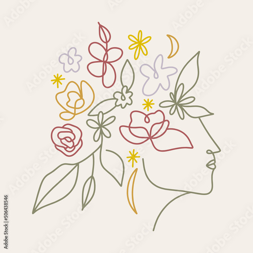 One line drawing girl linear logo or icon art boho sacred magic woman mystical symbol flat holistic healing meditation reiki new age esoteric concept modern abstract silhouette
