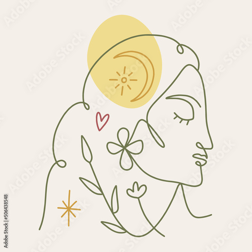 One line drawing girl linear logo or icon art boho sacred magic woman mystical symbol flat holistic healing meditation reiki new age esoteric concept modern abstract silhouette
