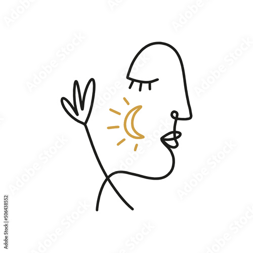 One line drawing girl linear logo or icon art boho sacred magic woman mystical symbol flat holistic healing meditation reiki new age esoteric concept modern abstract silhouette

