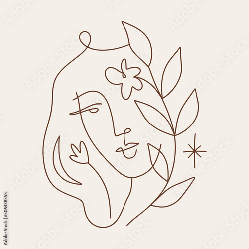 One line drawing girl linear logo or icon art boho sacred magic woman mystical symbol flat holistic healing meditation reiki new age esoteric concept modern abstract silhouette
