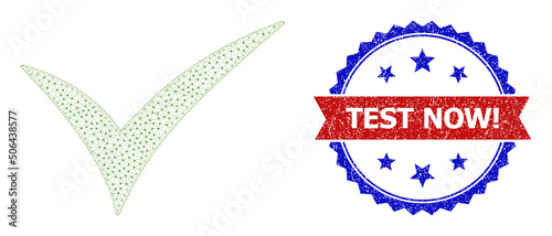 Mesh valid model illustration, and bicolor grunge Test Now! seal stamp. Polygonal carcass illustration created from valid icon. Vector seal with Test Now! tag inside red ribbon and blue rosette,