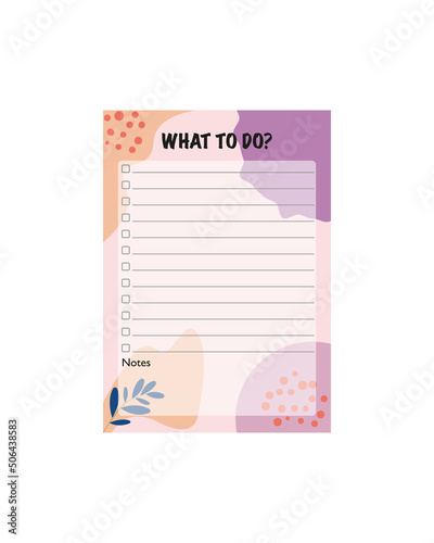 diary page with sun and flowers, cartoon vector illustration. Cute daily planers with colorful patterns for notes, organized week