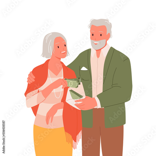 Senior people saving money vector illustration. Cartoon happy grandmother putting currency in envelope in grandfathers hands to save pension, isolated on white. Retirement, investment concept