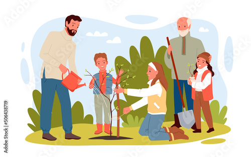Family people planting tree in garden or city park. Cartoon father watering seedling, children help adults grow plants and save environment flat vector illustration. Reforestation, ecology concept