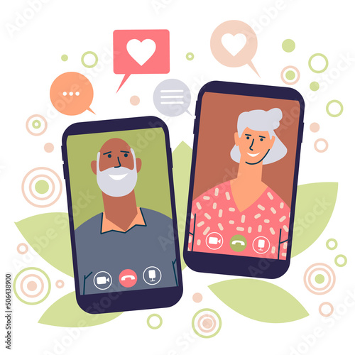 Elderly people talk via video call using mobile phones. Grandparents on phone screens with speech bubbles. The concept of virtual meetings, online dating. Flat vector isolated.