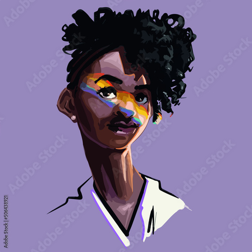 Vector illustration of a non binary person of color character design. A bright light shines on their face through a prism, producing the rainbow colors. 