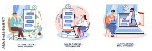 Online medical services mobile application consultation and prescription medicine professional doctor connecting and giving consultation for patient anywhere telemedicine metaphor, health care program