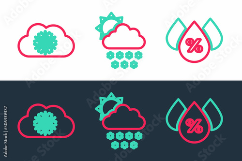 Set line Water drop percentage, Cloud with snow and and sun icon. Vector