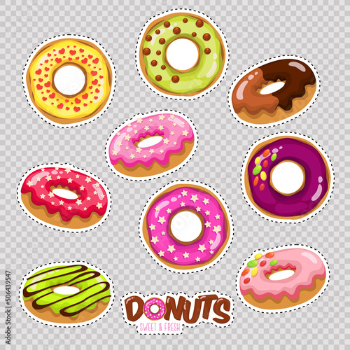 Fashion patch badges with different types of donuts with caramel and sweets. Set of stickers and patches with candies in cartoon 80-90s comic style. Vector illustration