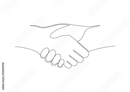 Handshake, help of hand, one art line continuous. Hand shake team together. Man or woman communication, business agreement, partnership. Sign contract, peace. Vector outline
