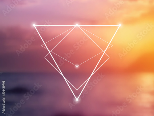 Sacred geometry spiritual new age futuristic illustration with interlocking circles, triangles and glowing particles in front of blurry natural photographic background