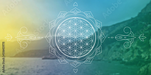 Sacred geometry zentangle inspired design template with oriental tribal ornaments. Merkaba ornamental new age art.