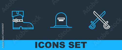 Set line Crossed pirate swords, Leather boots and Tombstone with RIP written icon. Vector