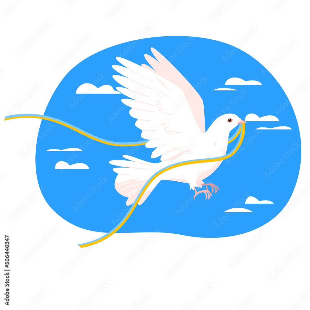 White dove flying in blue sky with ribbon in national colors of Ukrainian flag. Cartoon bird carrying in beak help and support to people of Ukraine flat vector illustration. Pray for Ukraine concept White dove flying in blue sky with ribbon in national colors of Ukrainian flag. Cartoon bird carrying in beak help and support to people of Ukraine flat vector illustration. Pray for Ukraine concept