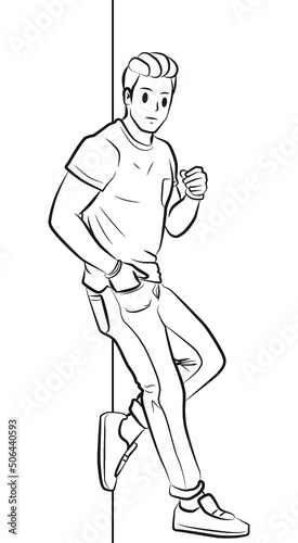 Male model standing leaning against the wall outline people cartoon illustration