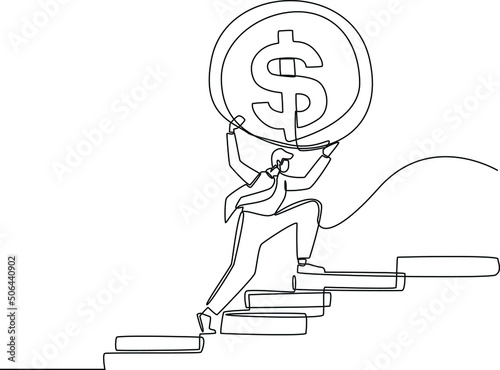 Continuous line drawing of businessman with gold coins on his head walking up stairs  to achieve financial goal. Finance and Investment. Single line draw design vector graphic illustration.