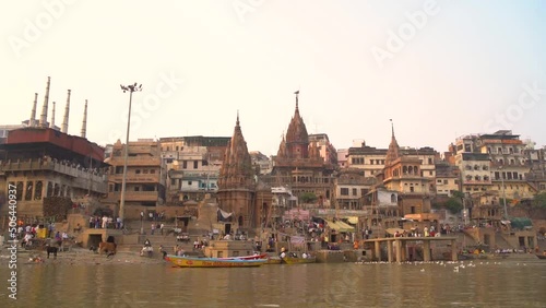 Ancient Varanasi city architecture at sunset photo