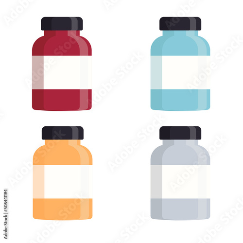 Set of medical colorful bottles with label. Flat vector illustration