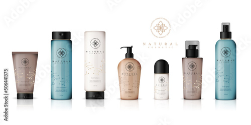 Realistic cosmetic bottles on white background. Cosmetic cream containers and tubes for cream, lotion, shampoo, gel, balsam, conditioner, spray. 3d Vector Illustration