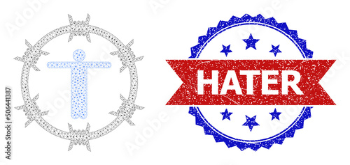 Mesh welcome to prison frame icon, and bicolor textured Hater watermark. Mesh wireframe image based on welcome to prison icon. Vector watermark with Hater title inside red ribbon and blue rosette,